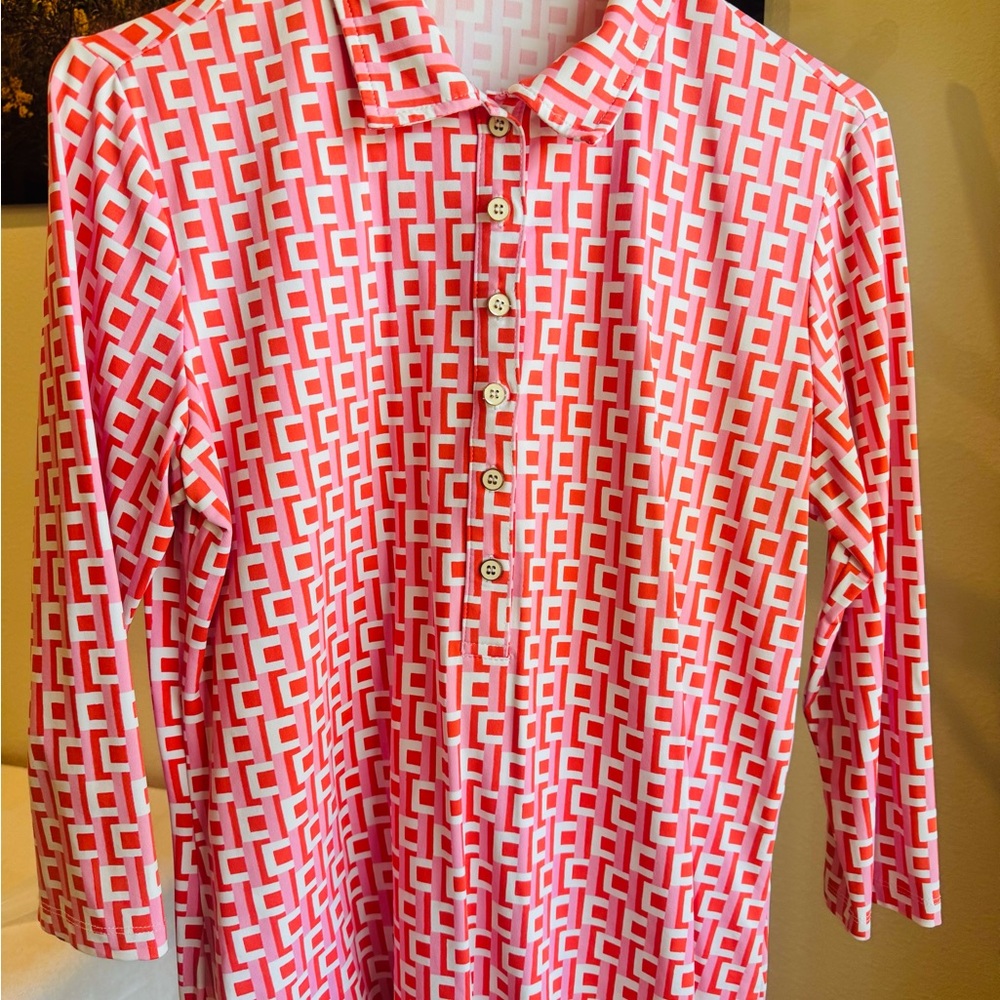J. McLaughlin Pink and White Geometric Button-Front Blouse